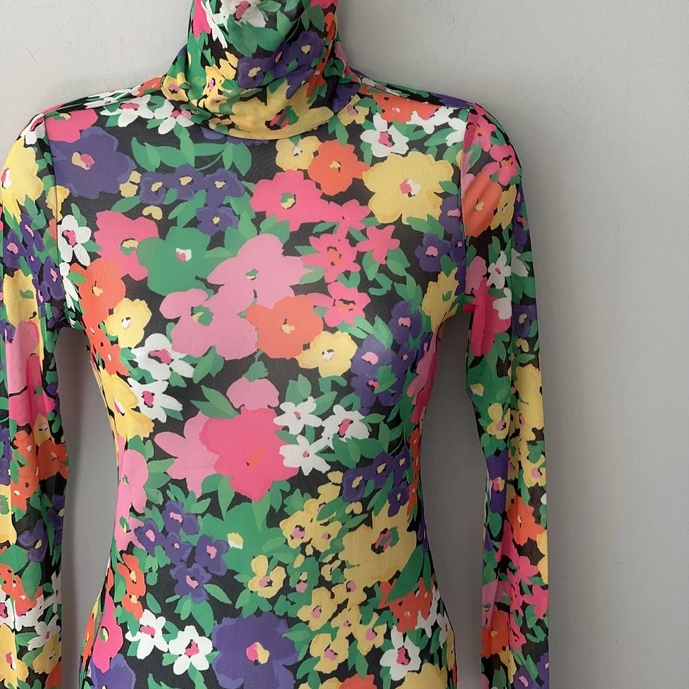 AFRM Floral Neon Garden Mesh Zadie Turtleneck Top - Picture 2 of 7